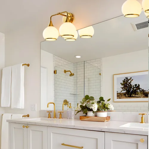 Vista 8 de Accesorios de iluminación de baño en oro cepillado, luces de tocador de 2 luces con pantalla de vidrio esmerilado blanco lechoso, lámpara de tocador