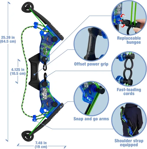 Vista 5 de Zing HyperStrike Dominator Bow Pack – 1 arco dominador azul, 4 flechas de silbato zónico azul, 1 juego de repuesto de cuerda elástica y 1 correa