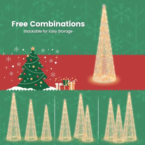 Vista 8 de Tangkula Juego de 3 árboles de cono de Navidad iluminados, juego de árbol cónico decorativo de Navidad con cadenas de estrellas, 90 luces LED
