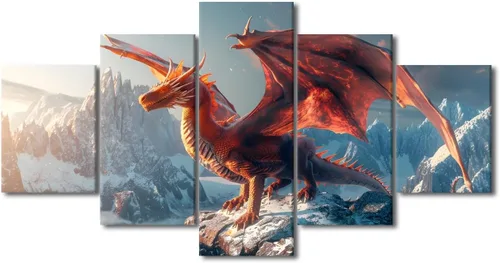 Vista 12 de Lienzo decorativo para pared de sala de estar, lienzo de dragón, 5 paneles, dragón verde, decoración de pared para el hogar, decoración de pared