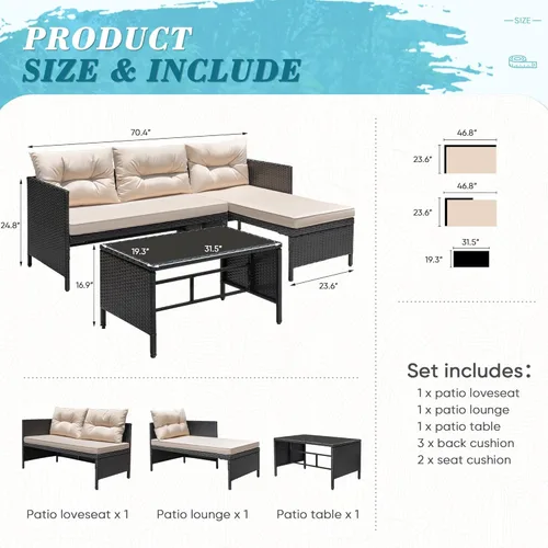 Vista 4 de Greesum - Juego de muebles de patio de 3 piezas, sofá seccional de ratán y mimbre para exteriores con cojines y mesa de centro para jardín, terraza