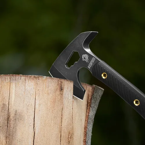 Vista 6 de NedFoss Bison Hacha táctica de hacha de 9.8 pulgadas, hacha Tomahawk con funda de cuero genuino y mango G10, equipo de campamento compacto con hacha
