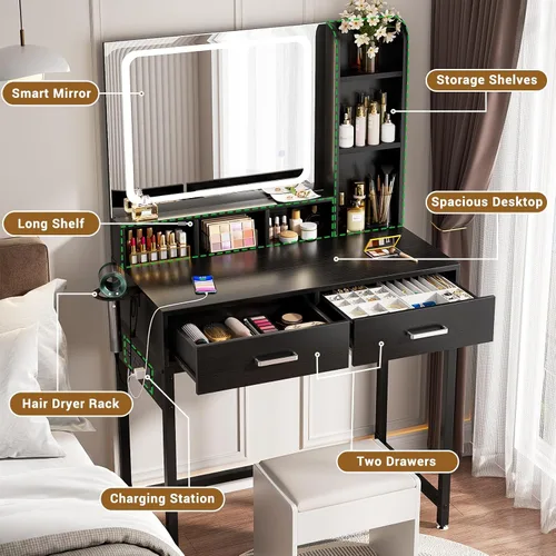 Vista 4 de Escritorio de tocador pequeño, escritorio de tocador con espejo y luces, escritorios de maquillaje con regleta eléctrica, mesa de tocador