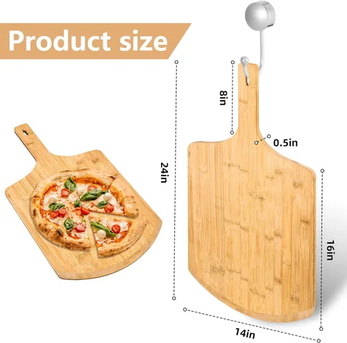 Vista 2 de Pela de pizza de 14 pulgadas, 16 pulgadas de largo x 14 pulgadas de ancho, con mango de madera de 8 pulgadas de largo, 24 pulgadas de longitud
