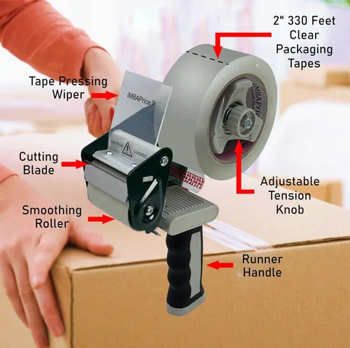 Vista 2 de iMBAPrice Pistola dispensadora de cinta de embalaje con cinta transparente de 2 pulgadas x 110 yardas, pistola de cinta de envío manual con mango