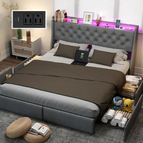 Vista 9 de Base de cama Queen con 4 cajones de almacenamiento y luces LED, plataforma tapizada tamaño Queen con estación de carga, soporte de listones