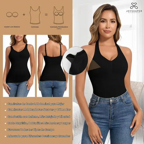 Vista 3 de JOYSHAPER Camisola moldeadora con brasier integrado de compresión halter para mujer, control de abdomen, brasier acolchado Halter Neck & V Neck #5