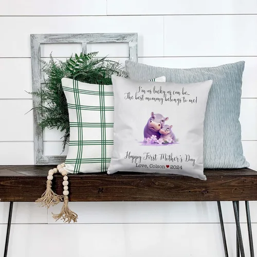 Vista 4 de Hippopotamus Matching for Mother's Day, First Mother's Day Custom Pillowcase, Personalized Mother's Day Pillowcase, Gift for Mom, Home Decor