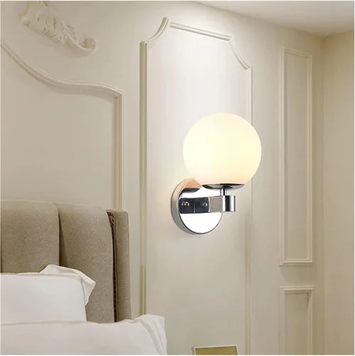 Vista 2 de Lámpara de pared con forma de globo, lámpara de pared de vidrio blanco, lámparas montadas en la pared de mediados de siglo E27, luces de cabecero