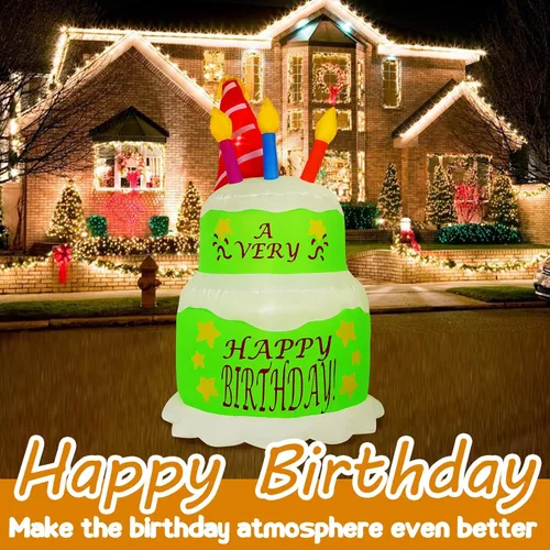 Vista 7 de Decoraciones inflables de pastel de cumpleaños de 4 pies, con velas, luces LED integradas, pastel de cumpleaños, decoración de patio al aire libre