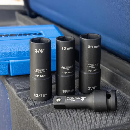 Vista 6 de NEIKO 02281B Juego de llaves de vaso de impacto de 1/2 pulgada 4 piezas SAE y MM Barra de extensión de 3 pulgadas Acero Cr-Mo Servicio
