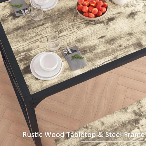Vista 3 de VECELO Juego de mesa de comedor de cocina para 6, comedor de madera de 55 pulgadas, 2 bancos con marco de metal para cenas, desayunos, rincón y Gris
