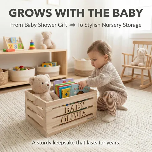 Vista 8 de Cajón de madera para baby shower con perchero, cesta de regalo personalizable con 2 juegos de letras del alfabeto, eucalipto, 5 perchas, divisores