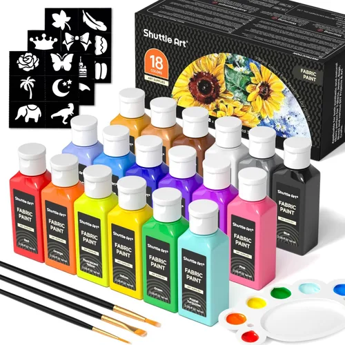 Shuttle Art Pintura para tela, 18 colores de pintura para tela suave permanente en botellas (60ml/2oz) con pinceles, paleta, plantillas, pintura