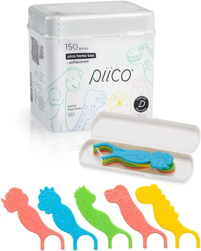 Piico Hilo dental sin sabor para niños, sin flúor, doble línea, púas de hilo dental - Cuidado bucal divertido en diseño de varillas de hilo dental