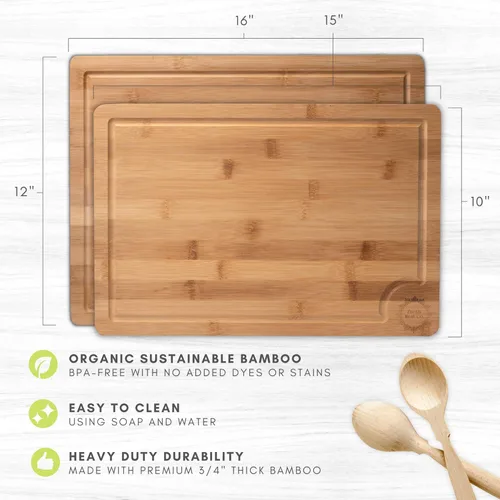 Vista 3 de Juego de tablas de cortar de bambú extra grandes y grandes Tablas de cortar grandes Tabla de cortar de madera gruesa con mango y ranura para jugo
