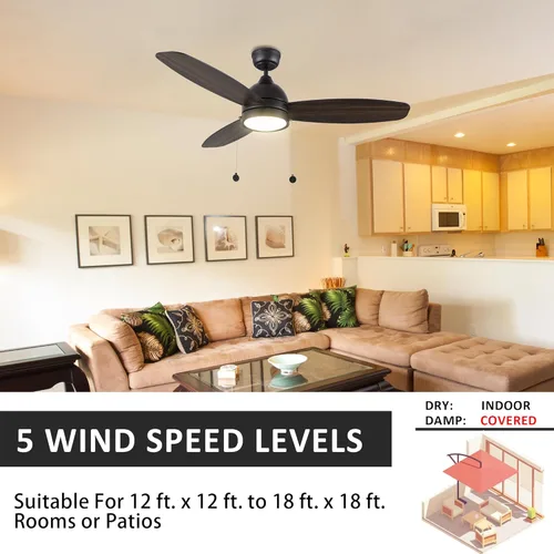 Vista 2 de 52” Black Ceiling Fans with Lights, 5 Speeds Reversible DC Ceiling Fan with Pull Chain, 3 Light Colors Dimmable Low Profile Ceiling Fan For Indoor &