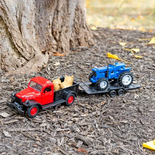 Vista 2 de Juego de tractor vintage Dodge Power Wagon fundido a presión a escala 1:32 con remolque y 3 balas de heno, construcción duradera de ruedas libres