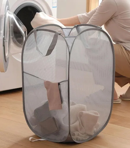 Vista 2 de Paquete de 2 cestas de malla para lavandería, cesto de ropa plegable emergente con mango duradero, fácil de abrir y plegar para residencia