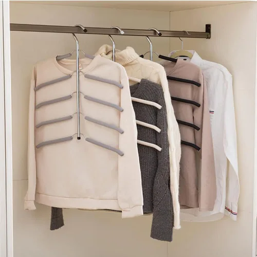 Vista 6 de Paquete de 2 perchas de metal 5 en 1 antideslizantes de acero inoxidable para camisas, perchas de varias capas para armario, perchero de ropa