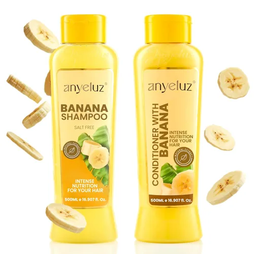 ANYELUZ Banana Hair Care Duo Set - Champú hidratante y acondicionador nutritivo, hidratación y reparación naturales con infusión de frutas para