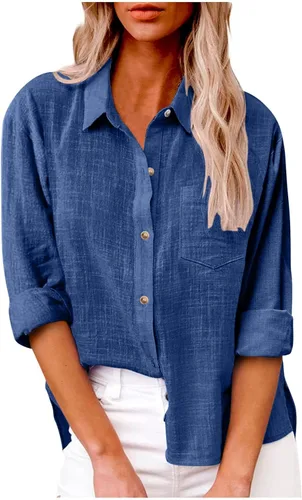 Vista 2 de Camisas de lino para mujer, con botones, blusas de gasa casuales y elegantes, cómodas, ligeras, de manga larga, camisetas de otoño