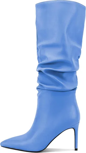 Vista 11 de Zamikoo Botas holgadas de tacón alto para mujer, botas de tacón de aguja altas hasta la rodilla, puntera puntiaguda, elásticas, botas altas de meter