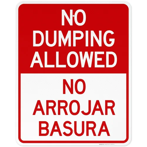Vista 14 de Letrero bilingüe de No Dumping Allowed No Arrojar Basura, 10 x 7 pulgadas, aluminio 040 libre de óxido, resistente a la decoloración