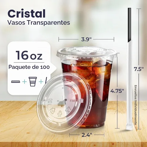 Vista 4 de Fit Meal Prep Paquete de 100 Vasos de Plástico para Café Helado de 9 oz con Tapas Planas y Pajitas Negras, Vaso Transparente Desechable, Vaso Libre