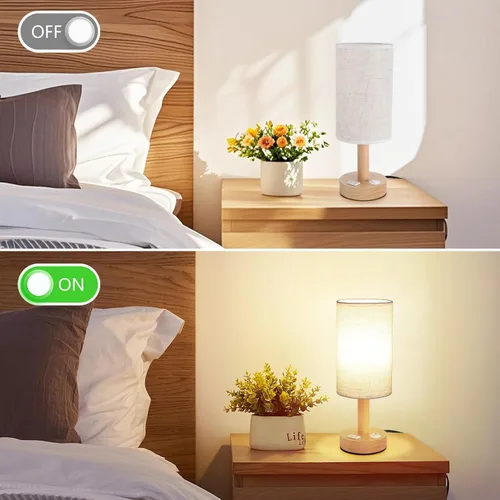 Vista 7 de Lámpara pequeña de mesa de noche con toma de corriente AC, base de madera natural y pantalla de lino, mini lámpara boho linda y acogedora de mesita