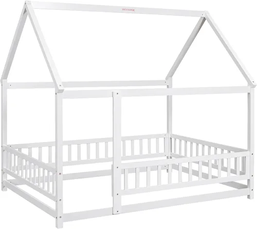 Vista 5 de Bellemave Cama de Tamaño Matrimonial de Piso Tipo Casa, Cama Montessori de Madera con Valla y Techo para Niños, Base de Cama Completa Tipo Casa