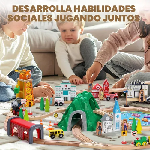 Vista 7 de SainSmart Jr. Juego de tren de madera de 112 piezas para niños pequeños – Pistas de tren de doble cara, compatibles con Brio, Thomas, Melissa & Doug