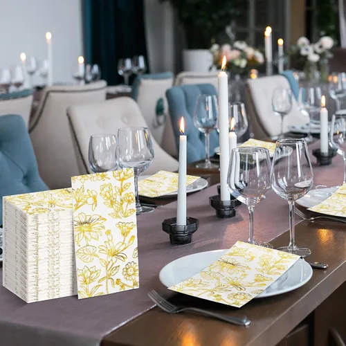 Vista 5 de Pasimy 100 servilletas de papel dorado desechables para invitados, servilletas de cóctel de papel floral, elegantes toallas de mano para cena