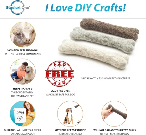Vista 2 de Glaciart One Hueso masticable de lana de fieltro para perros (3 piezas) Juguete duradero para masticar perros, juguetes masticables para cachorros