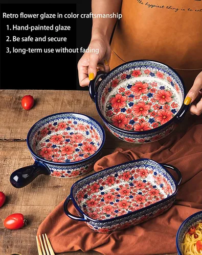 Vista 5 de Bandeja de cerámica para hornear rectangular Juego de utensilios para hornear, plato de cerámica para hornear con asa, bandeja para hornear