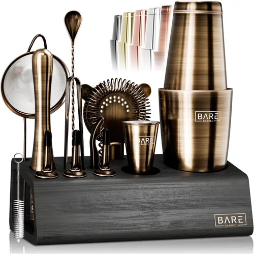 BARE BARREL® Kit de barman para mixología Juego de bar | Juego de coctelera de 14 piezas | Utensilios de mezcla para barware de Martini para el bar