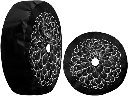 Vista 3 de Foruidea Hermosa cubierta monocromática de repuesto de flor de dalia en blanco y negro con orificio de cámara de respaldo para remolque, RV, SUV