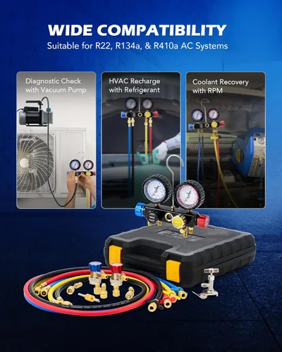 Vista 4 de Orion Motor Tech juego de manómetros de CA de 4 vías para refrigerante R410a R22 R134a, colector de CA automotriz de 4 válvulas con mangueras de 1.5