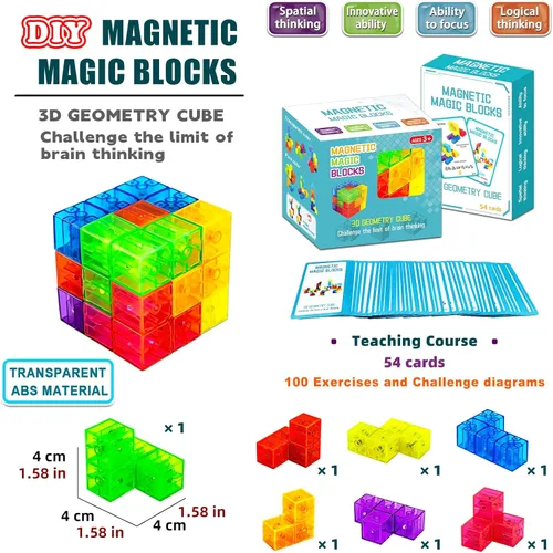 Vista 6 de Bloques de construcción magnéticos, cubos magnéticos 3D, juego de 7 bloques magnéticos de múltiples formas con 54 tarjetas guía, juguetes educativos