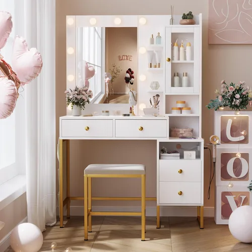 Vista 8 de YIKEHOME 40" W Vanity Desk with Mirror, Makeup Vanity Set with 3-Colour Lights and Comfortable Bench, Ressing Table with 5 Drawers for Makeup