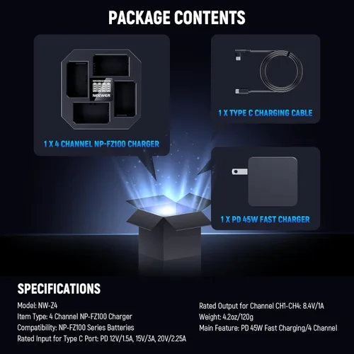 Vista 8 de NEEWER Cargador USB de 4 canales para batería de cámara NP-FZ100 Compatible con Sony A7IV A9iii A1 A7RV A7Cii A6700 ZV-E1 FX3 FX30, carga rápida PD