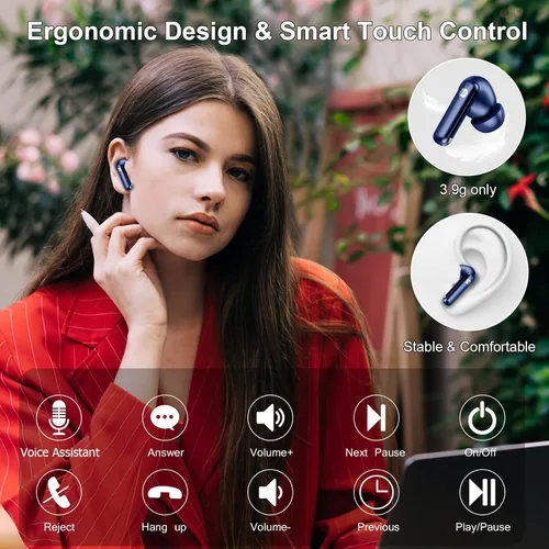 Vista 6 de Auriculares inalámbricos Nerunsa, auriculares Bluetooth 5.4 HiFi estéreo, 50H de tiempo de reproducción, auriculares intrauditivos con micrófonos
