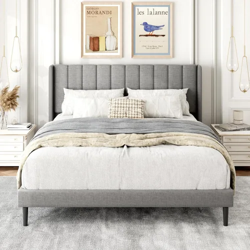 Vista 106 de Base de cama tamaño Queen con cabecera tapizada con respaldo de ala, plataforma de fácil montaje, soporte de listones de madera, no necesita somier