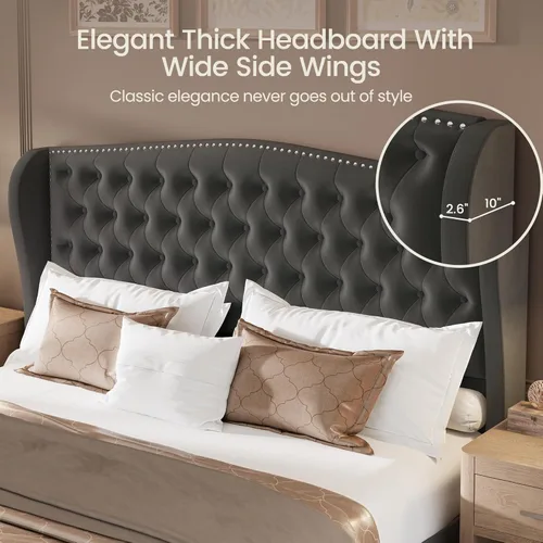 Vista 3 de LARMACE Base de cama tamaño King con plataforma tapizada de terciopelo con cabecera con respaldo de alas y pie de cama, base de cama capitoné