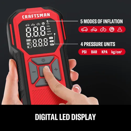Vista 4 de CRAFTSMAN Compresor de aire portátil para inflador de neumáticos, mini bomba de aire inalámbrica para neumáticos de automóvil con medidor digital