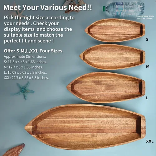Vista 5 de Bandeja para servir Barco de la Suerte, plato de madera maciza de acacia con forma interesante para servir postres, frutas, aperitivos y ornamento