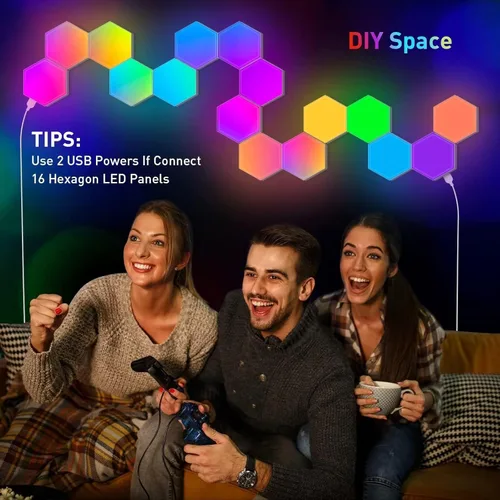 Vista 6 de NIUCOO Paneles de pared con luces LED hexagonales, luces RGB inteligentes para juegos con aplicación y sincronización de música, azulejos