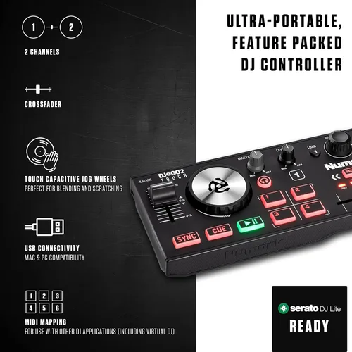 Vista 3 de Paquete de controlador DJ y DMX - Controlador DJ con 2 cubiertas, interfaz DMX y Serato DJ Lite – Numark DJ2GO2 Touch y interfaz DMX SoundSwitch