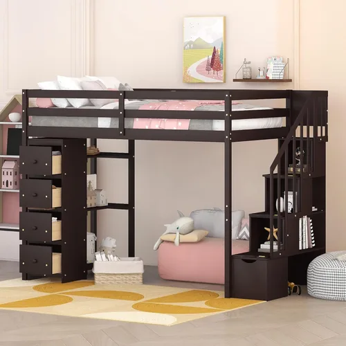 Vista 13 de JIVOIT Twin Size Loft Bed, Esports-Inspired Wooden Gaming Loft Bed with Storage Stairs, Built-in Desk, Shelves & Pegboard, No Box Spring Needed
