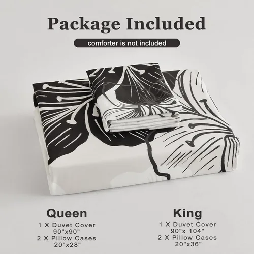 Vista 8 de DJY - Juego de funda de edredón de 3 piezas, tamaño queen, negro y blanco con patrón floral, elegante funda de edredón boho floral con 2 fundas